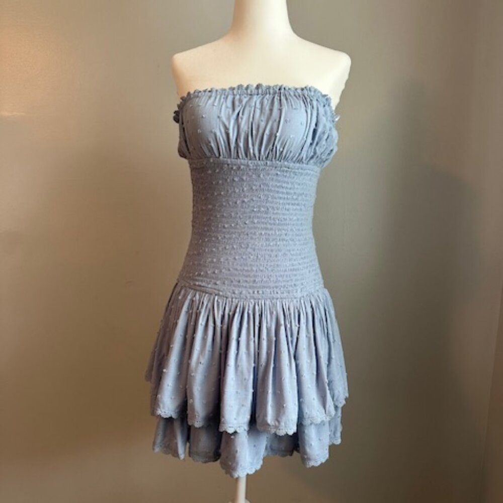 Powder blue strapless mini dress with elastic drop waist